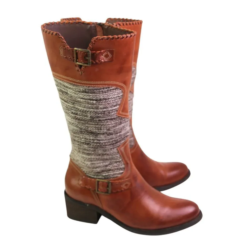 Fortress of Inca BROWN LEATHER TAPESTRY MID HEEL ZIP SIDE ROUND TOE BOOTS Sz 6